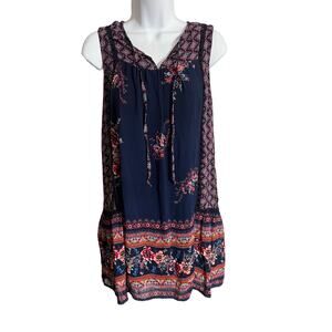 Xhilaration sleeveless tunic swing dress blue floral sheer crochet panel small